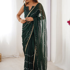 Green Smooth Sitara Fabric Moti & Val Sequence Designer Saree