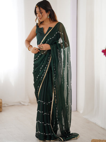 Green Smooth Sitara Fabric Moti & Val Sequence Designer Saree