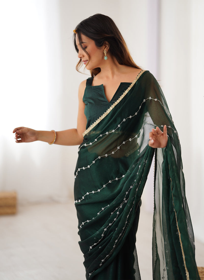 Green Smooth Sitara Fabric Moti & Val Sequence Designer Saree