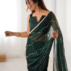 Green Smooth Sitara Fabric Moti & Val Sequence Designer Saree