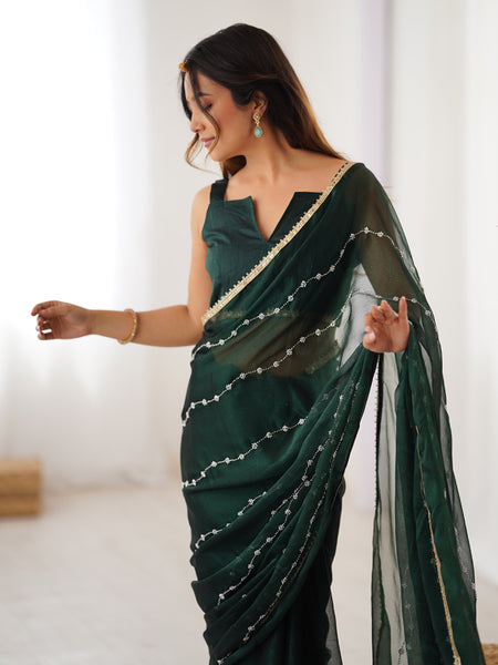 Green Smooth Sitara Fabric Moti & Val Sequence Designer Saree