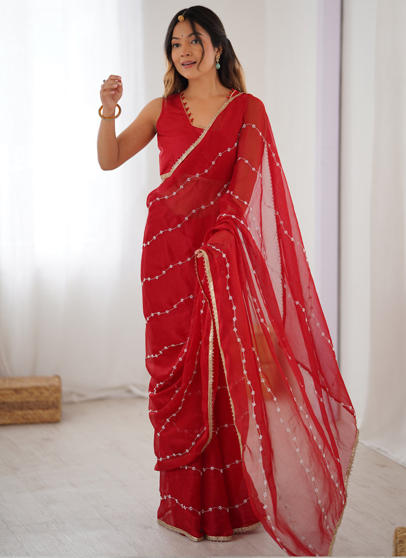Red Smooth Sitara Fabric Moti & Val Sequence Designer Saree