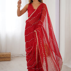 Red Smooth Sitara Fabric Moti & Val Sequence Designer Saree