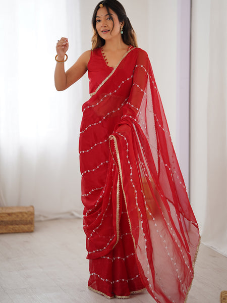 Red Smooth Sitara Fabric Moti & Val Sequence Designer Saree