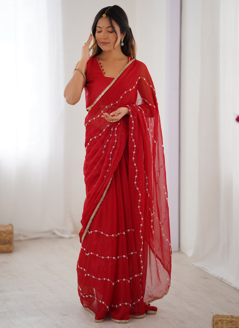 Red Smooth Sitara Fabric Moti & Val Sequence Designer Saree