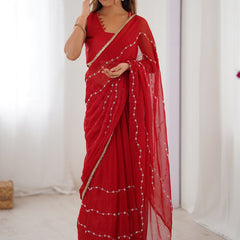 Red Smooth Sitara Fabric Moti & Val Sequence Designer Saree