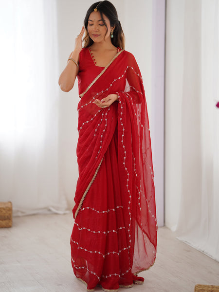 Red Smooth Sitara Fabric Moti & Val Sequence Designer Saree