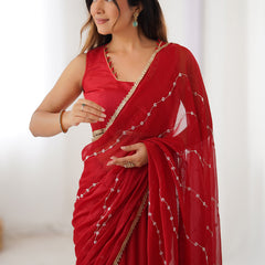 Red Smooth Sitara Fabric Moti & Val Sequence Designer Saree