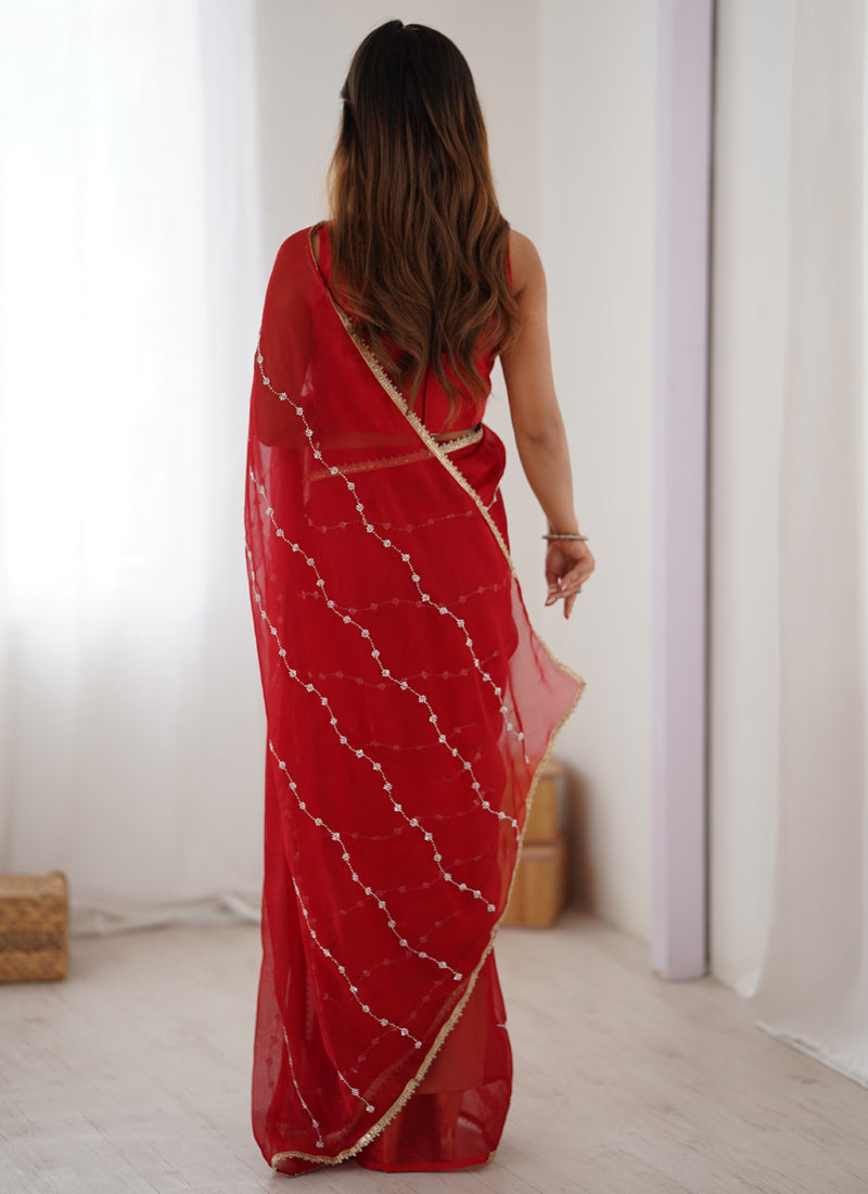 Red Smooth Sitara Fabric Moti & Val Sequence Designer Saree