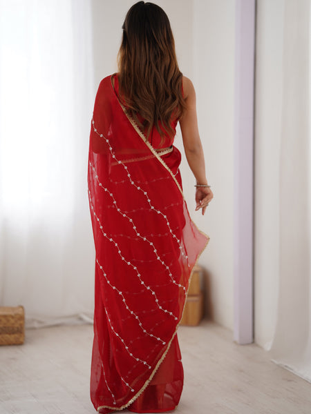 Red Smooth Sitara Fabric Moti & Val Sequence Designer Saree