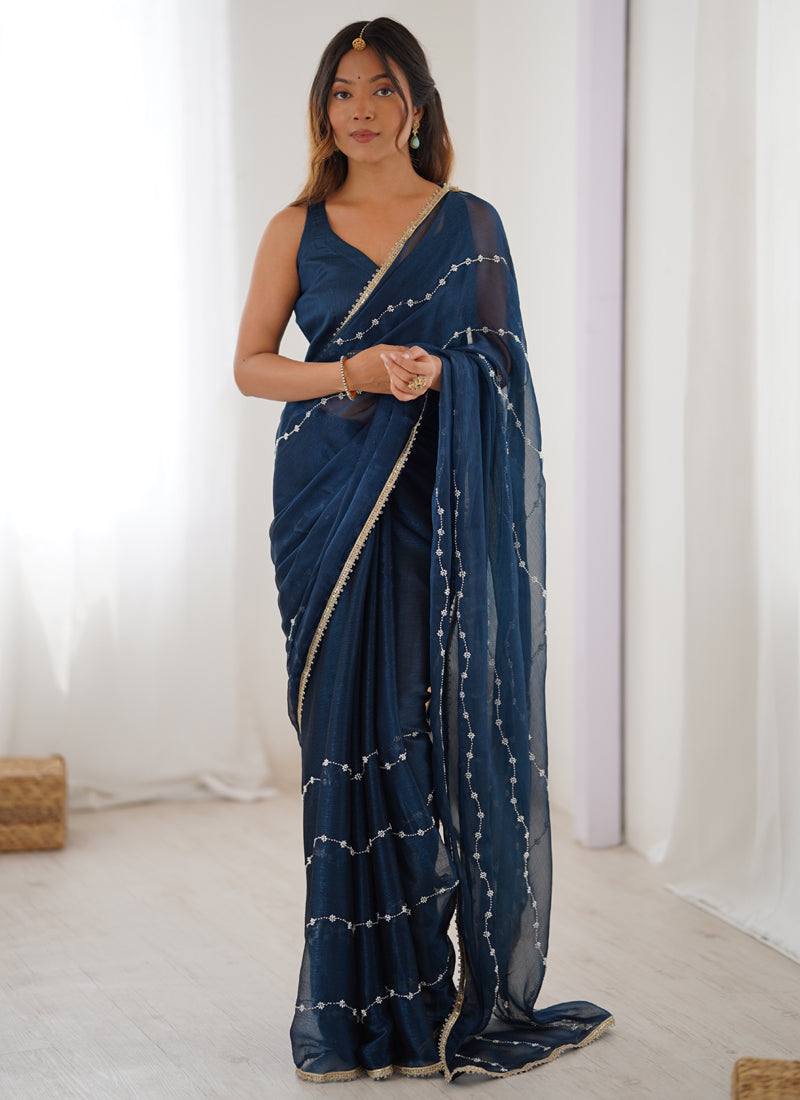 Blue Smooth Sitara Fabric Moti & Val Sequence Designer Saree