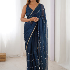 Blue Smooth Sitara Fabric Moti & Val Sequence Designer Saree