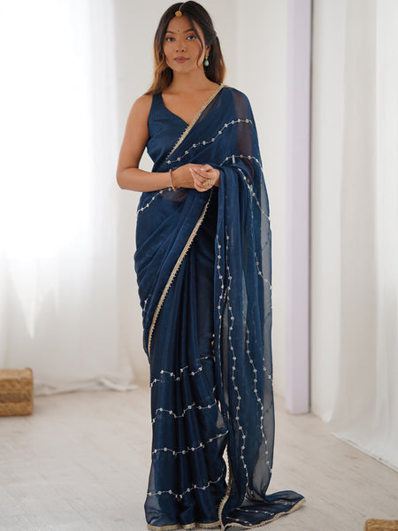 Blue Smooth Sitara Fabric Moti & Val Sequence Designer Saree
