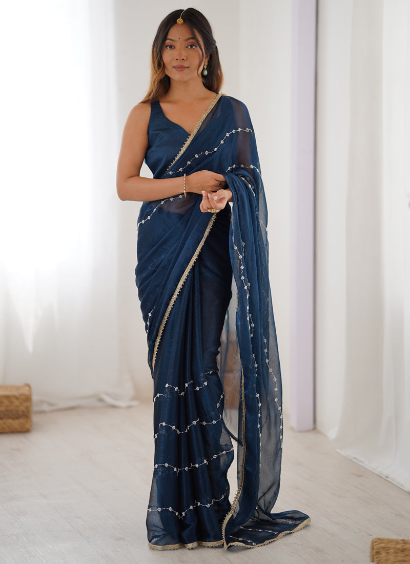 Blue Smooth Sitara Fabric Moti & Val Sequence Designer Saree
