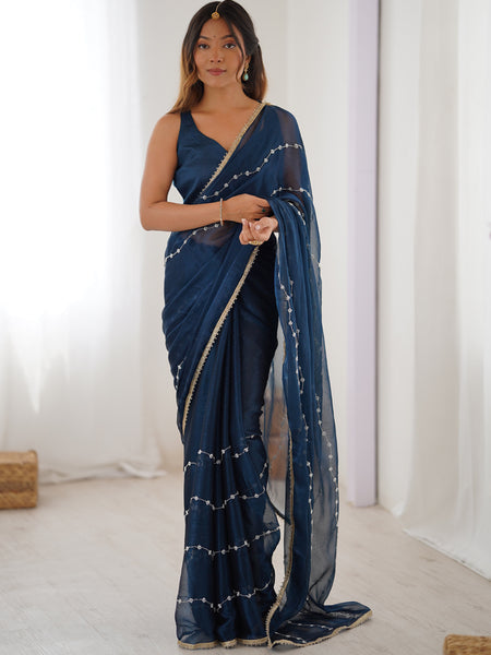 Blue Smooth Sitara Fabric Moti & Val Sequence Designer Saree