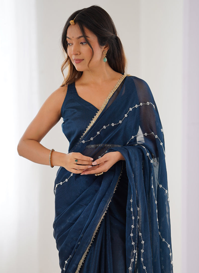 Blue Smooth Sitara Fabric Moti & Val Sequence Designer Saree