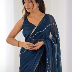 Blue Smooth Sitara Fabric Moti & Val Sequence Designer Saree