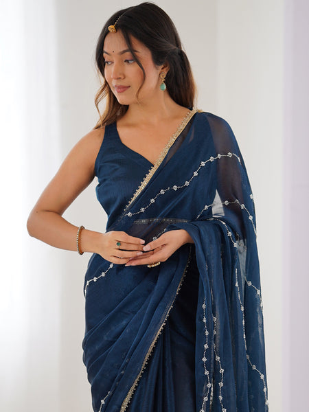Blue Smooth Sitara Fabric Moti & Val Sequence Designer Saree