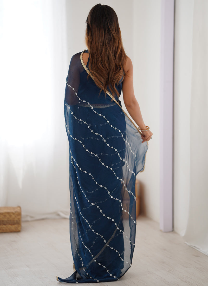Blue Smooth Sitara Fabric Moti & Val Sequence Designer Saree
