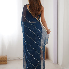 Blue Smooth Sitara Fabric Moti & Val Sequence Designer Saree