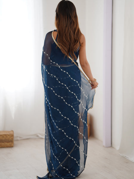 Blue Smooth Sitara Fabric Moti & Val Sequence Designer Saree