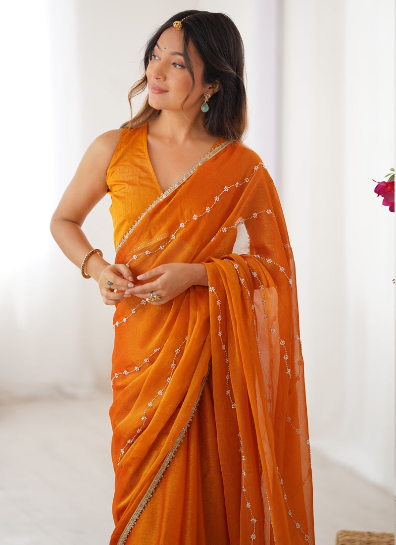 Orange Smooth Sitara Fabric Moti & Val Sequence Designer Saree