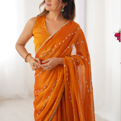 Orange Smooth Sitara Fabric Moti & Val Sequence Designer Saree