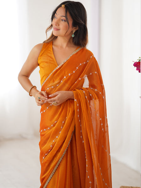 Orange Smooth Sitara Fabric Moti & Val Sequence Designer Saree