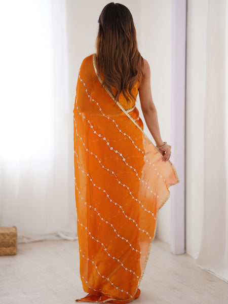 Orange Smooth Sitara Fabric Moti & Val Sequence Designer Saree