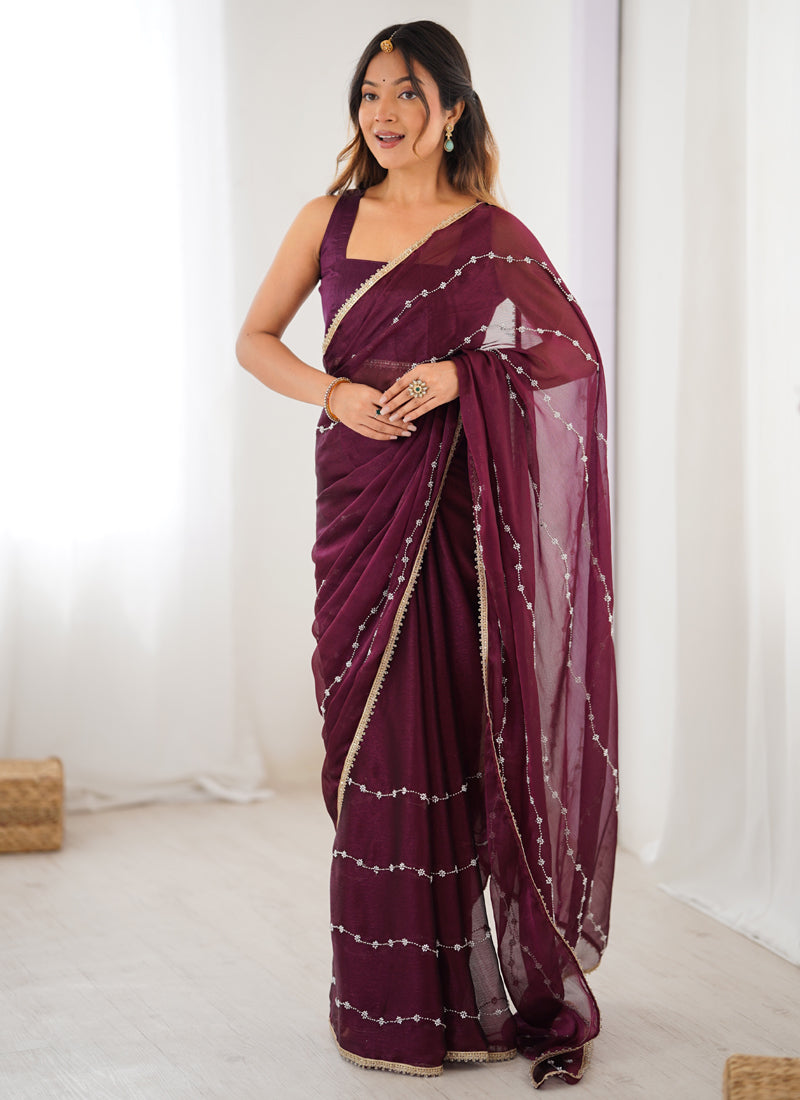 Wine Smooth Sitara Fabric Moti & Val Sequence Designer Saree