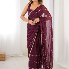 Wine Smooth Sitara Fabric Moti & Val Sequence Designer Saree