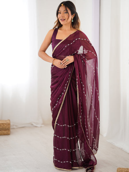 Wine Smooth Sitara Fabric Moti & Val Sequence Designer Saree
