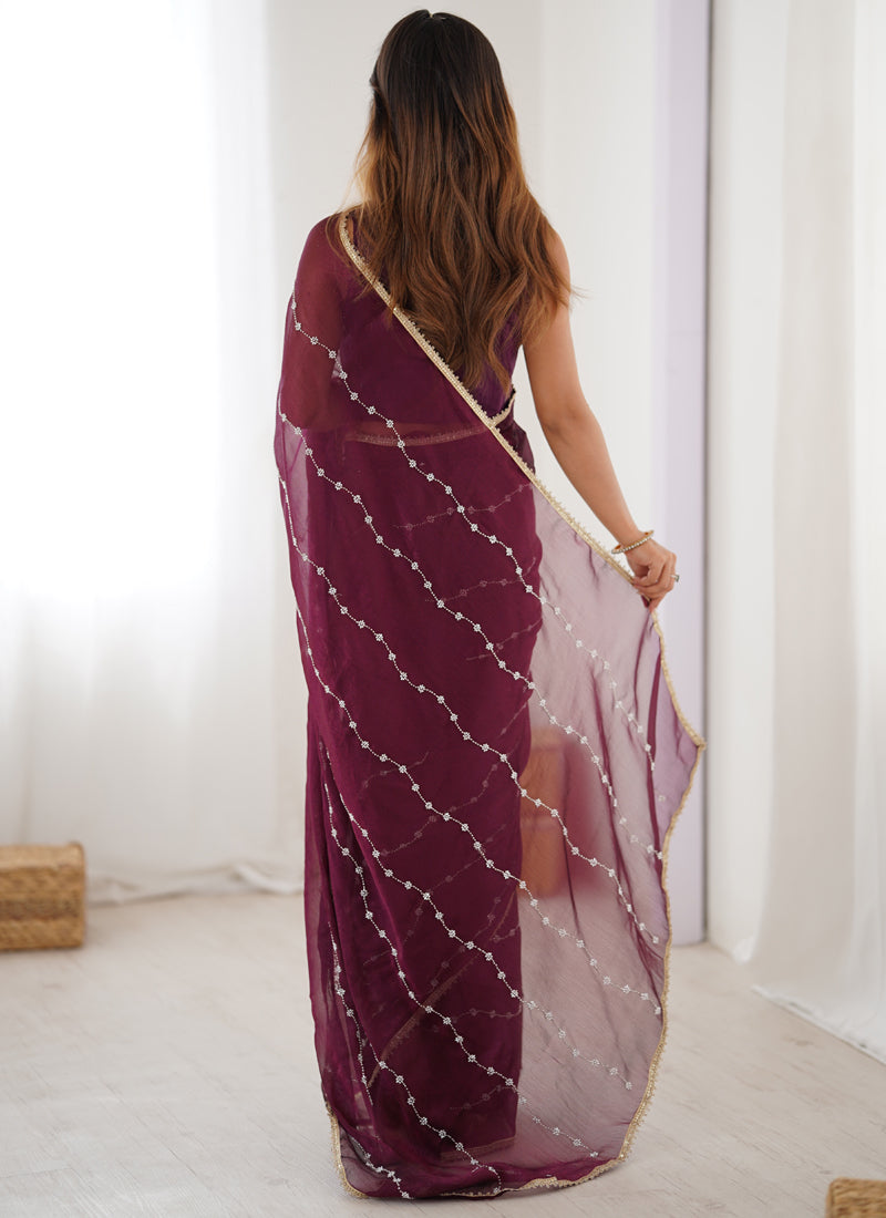 Wine Smooth Sitara Fabric Moti & Val Sequence Designer Saree