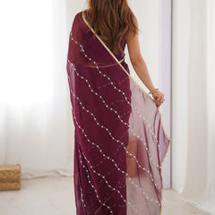 Wine Smooth Sitara Fabric Moti & Val Sequence Designer Saree