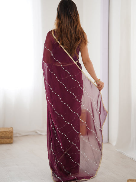 Wine Smooth Sitara Fabric Moti & Val Sequence Designer Saree