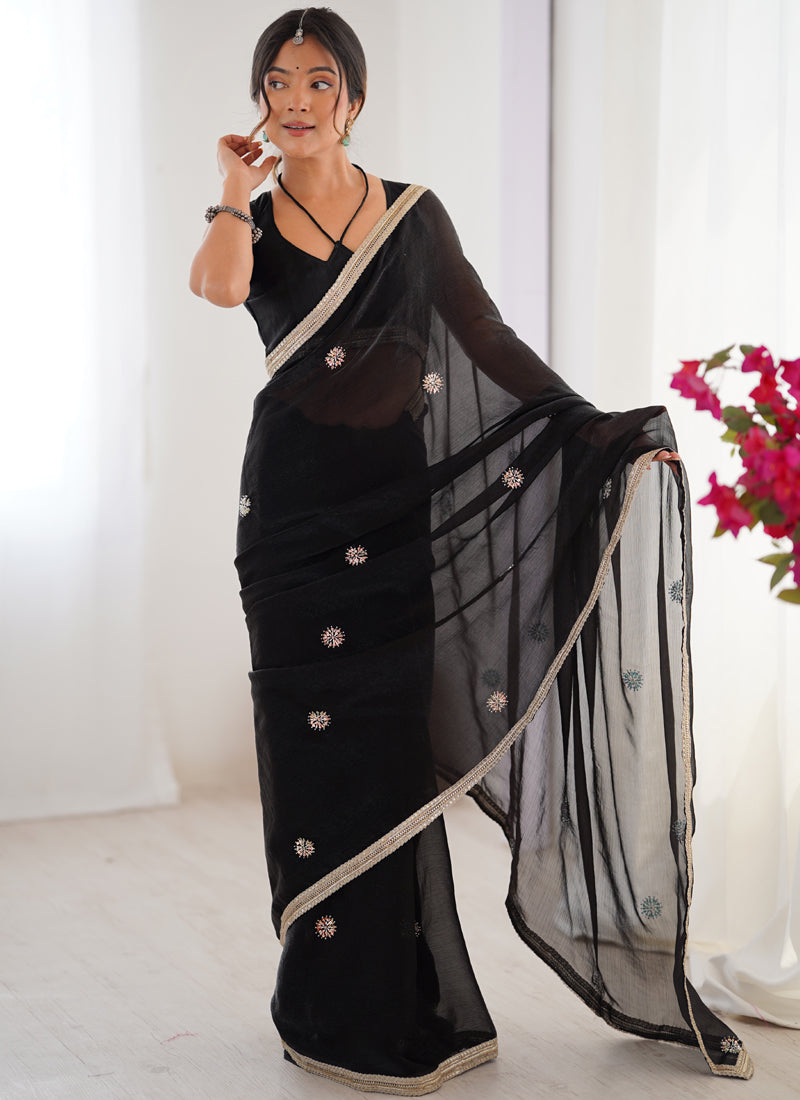 Black Fandy Silk Moti & Val Sequence Designer Saree
