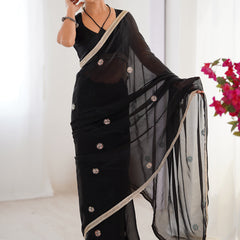 Black Fandy Silk Moti & Val Sequence Designer Saree