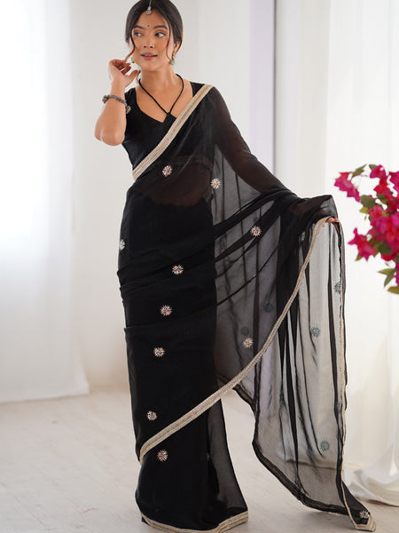 Black Fandy Silk Moti & Val Sequence Designer Saree