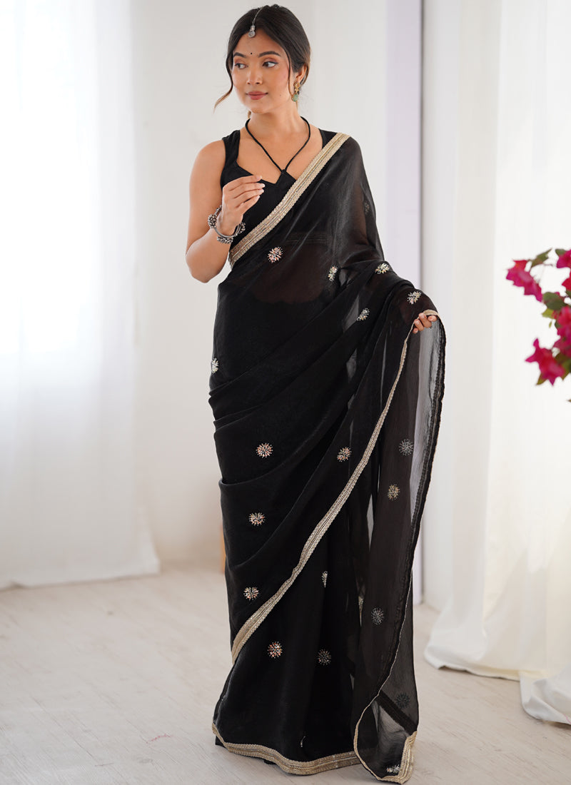 Black Fandy Silk Moti & Val Sequence Designer Saree
