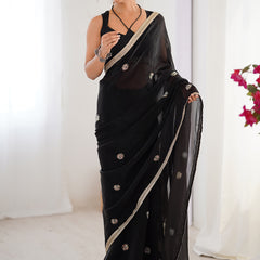 Black Fandy Silk Moti & Val Sequence Designer Saree