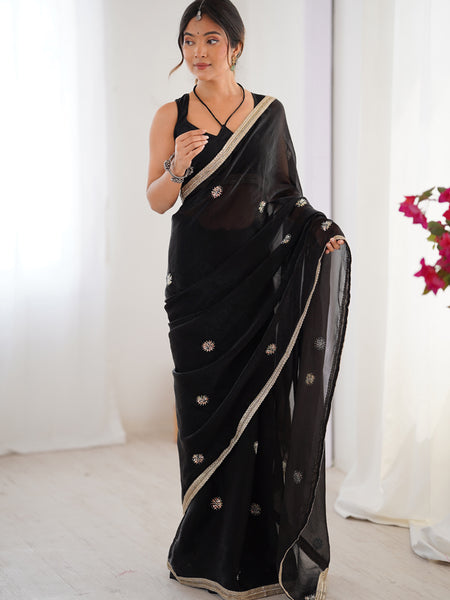 Black Fandy Silk Moti & Val Sequence Designer Saree