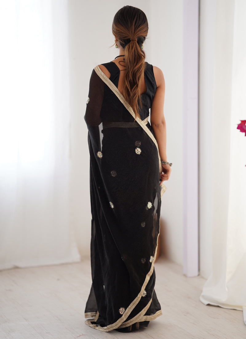 Black Fandy Silk Moti & Val Sequence Designer Saree