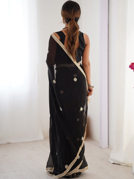 Black Fandy Silk Moti & Val Sequence Designer Saree