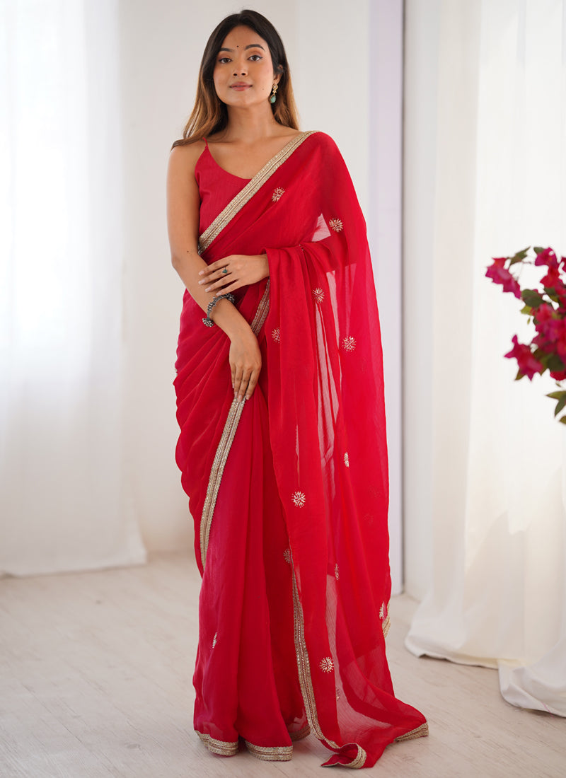 Red Fandy Silk Moti & Val Sequence Designer Saree