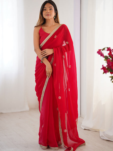 Red Fandy Silk Moti & Val Sequence Designer Saree