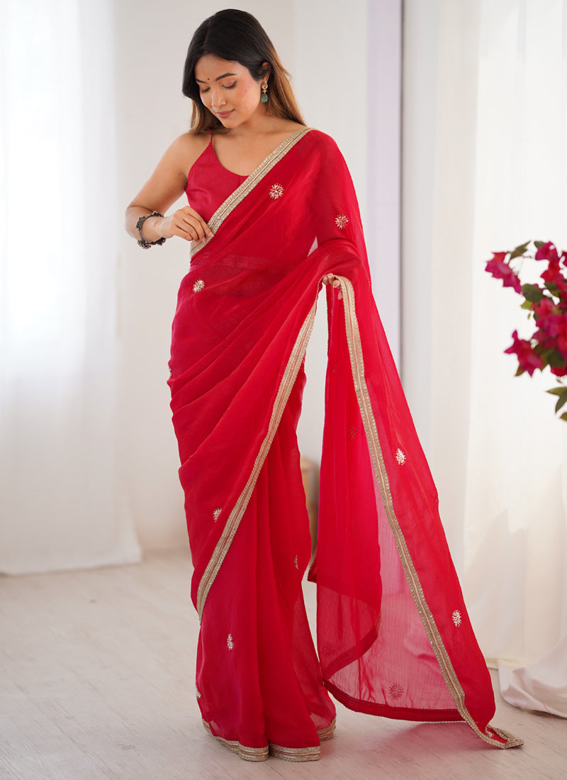 Red Fandy Silk Moti & Val Sequence Designer Saree