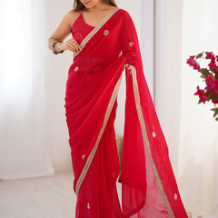 Red Fandy Silk Moti & Val Sequence Designer Saree