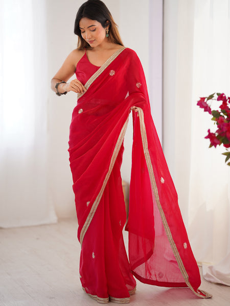 Red Fandy Silk Moti & Val Sequence Designer Saree