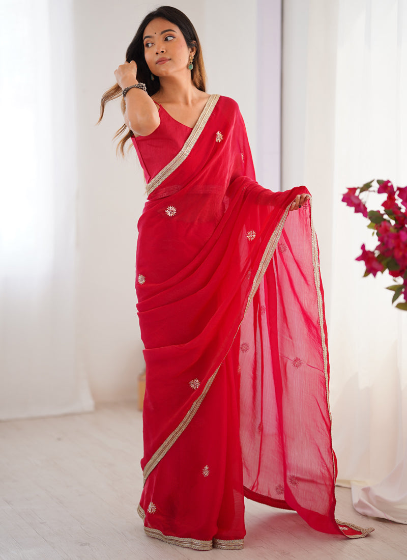 Red Fandy Silk Moti & Val Sequence Designer Saree