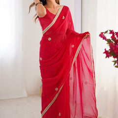 Red Fandy Silk Moti & Val Sequence Designer Saree